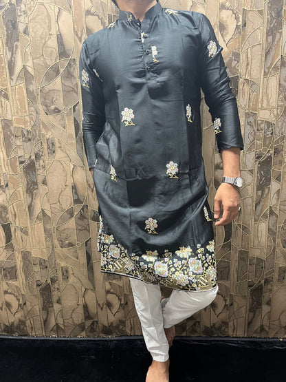 Men’s Silk Black Kurta – Floral Embroidery with Daman Work for Festive Wear - A16