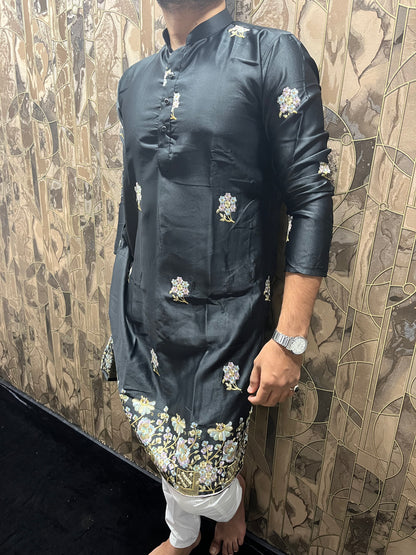 Men’s Silk Black Kurta – Floral Embroidery with Daman Work for Festive Wear - A16