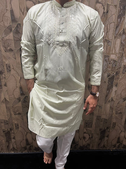 Men’s Cotton Light Green Kurta – Minimal Neck Embroidery with Sequence Work A25