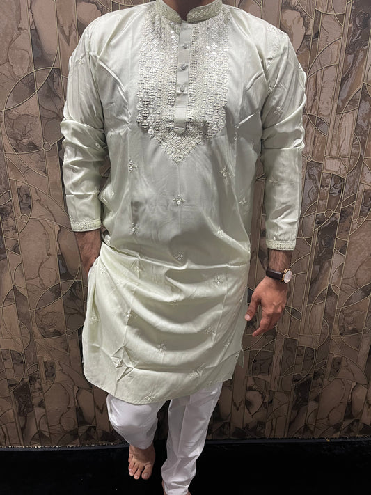 Men’s Cotton Light Green Kurta – Minimal Neck Embroidery with Sequence Work A25