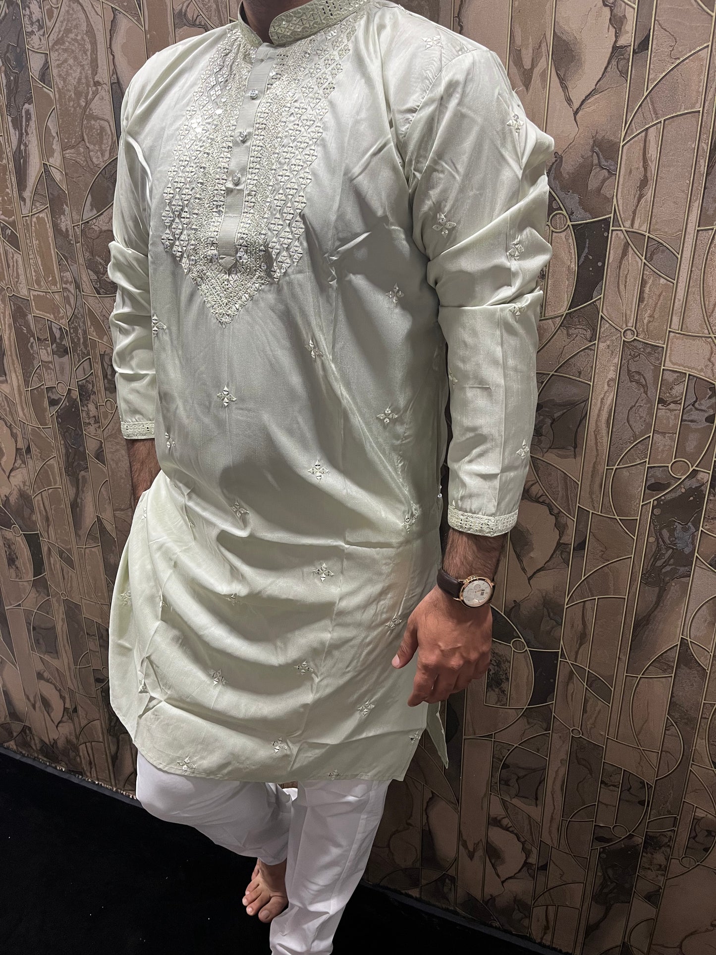 Men’s Cotton Light Green Kurta – Minimal Neck Embroidery with Sequence Work A25