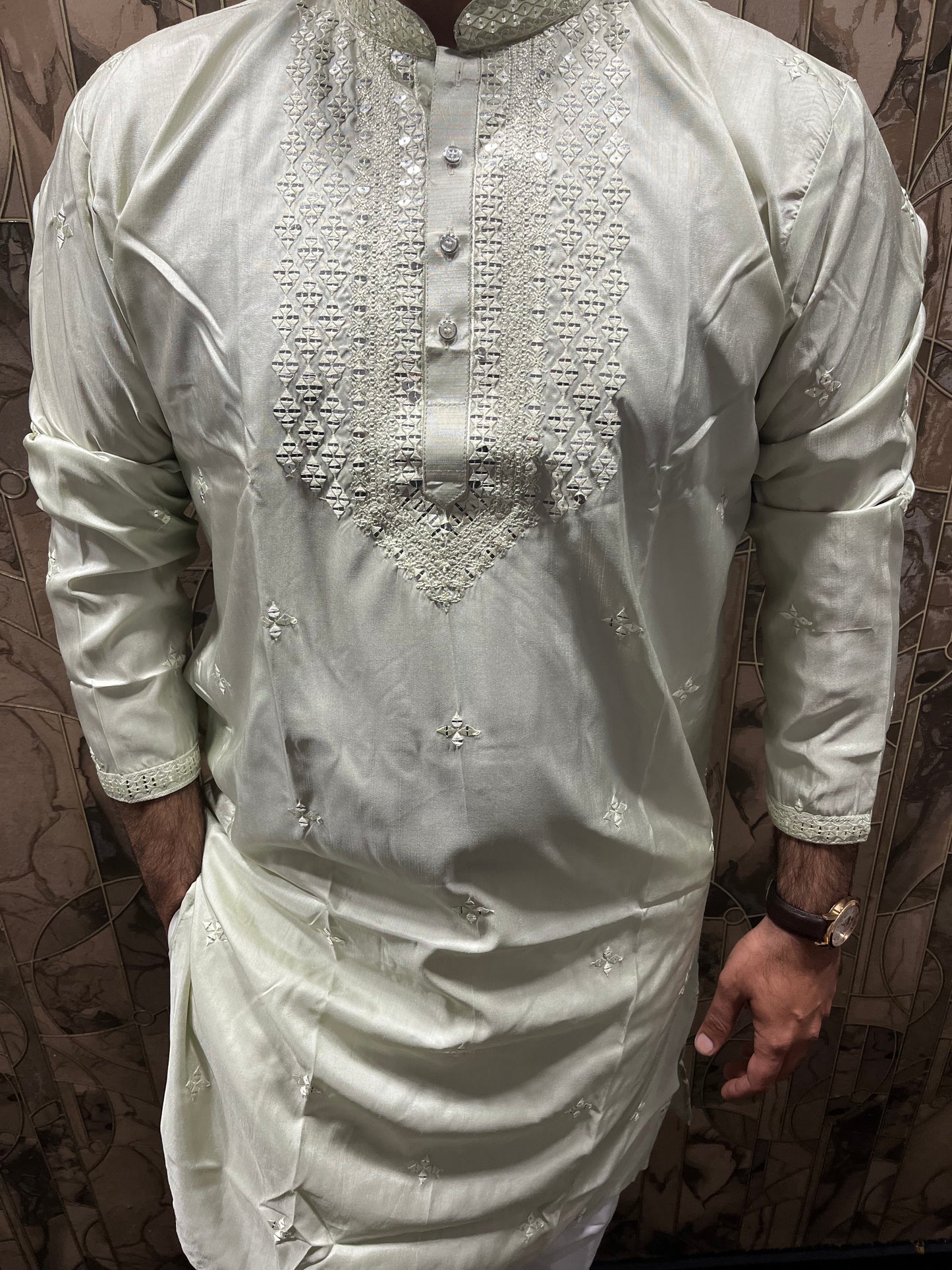 Men’s Cotton Light Green Kurta – Minimal Neck Embroidery with Sequence Work A25