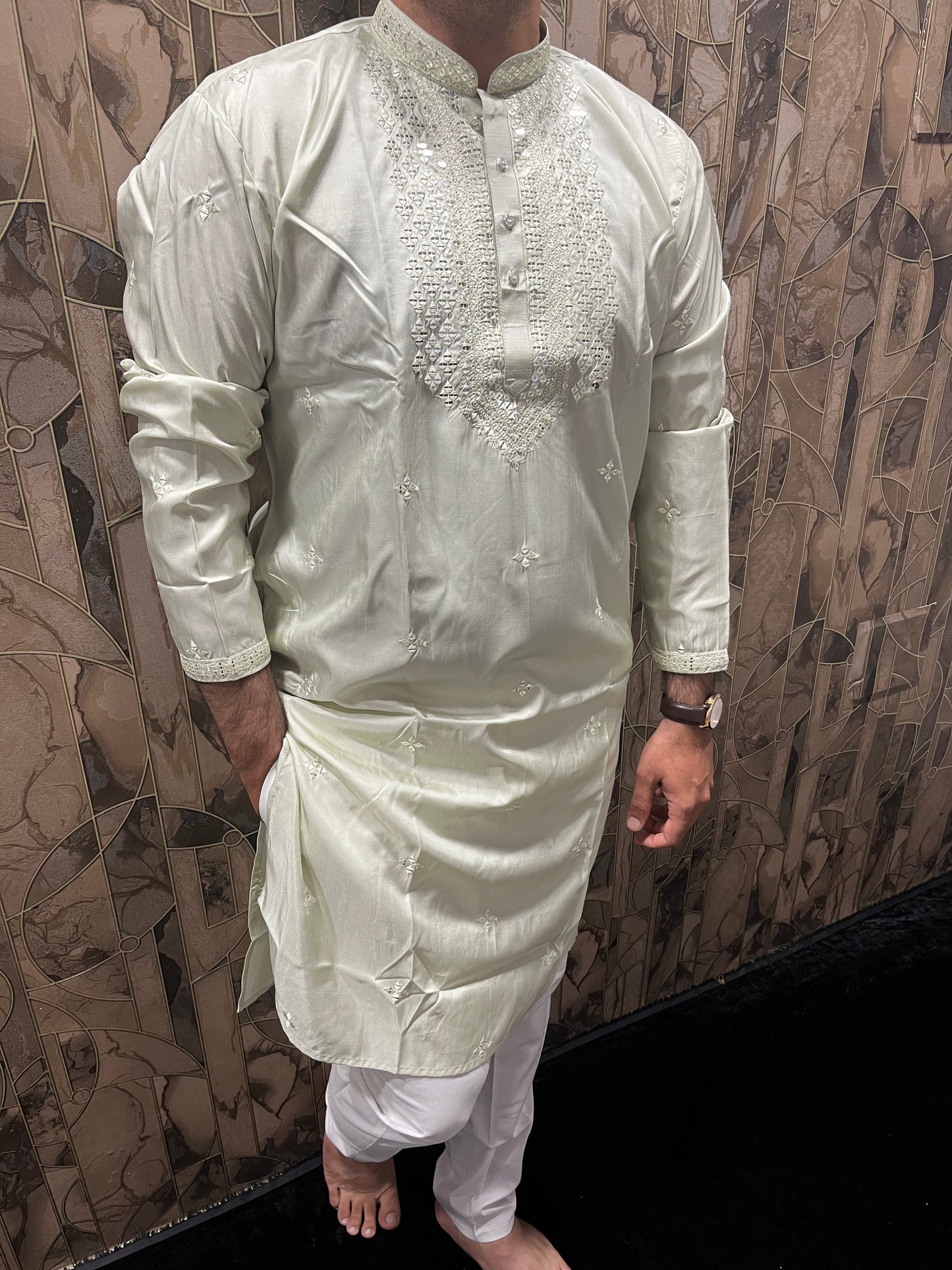 Men’s Cotton Light Green Kurta – Minimal Neck Embroidery with Sequence Work A25