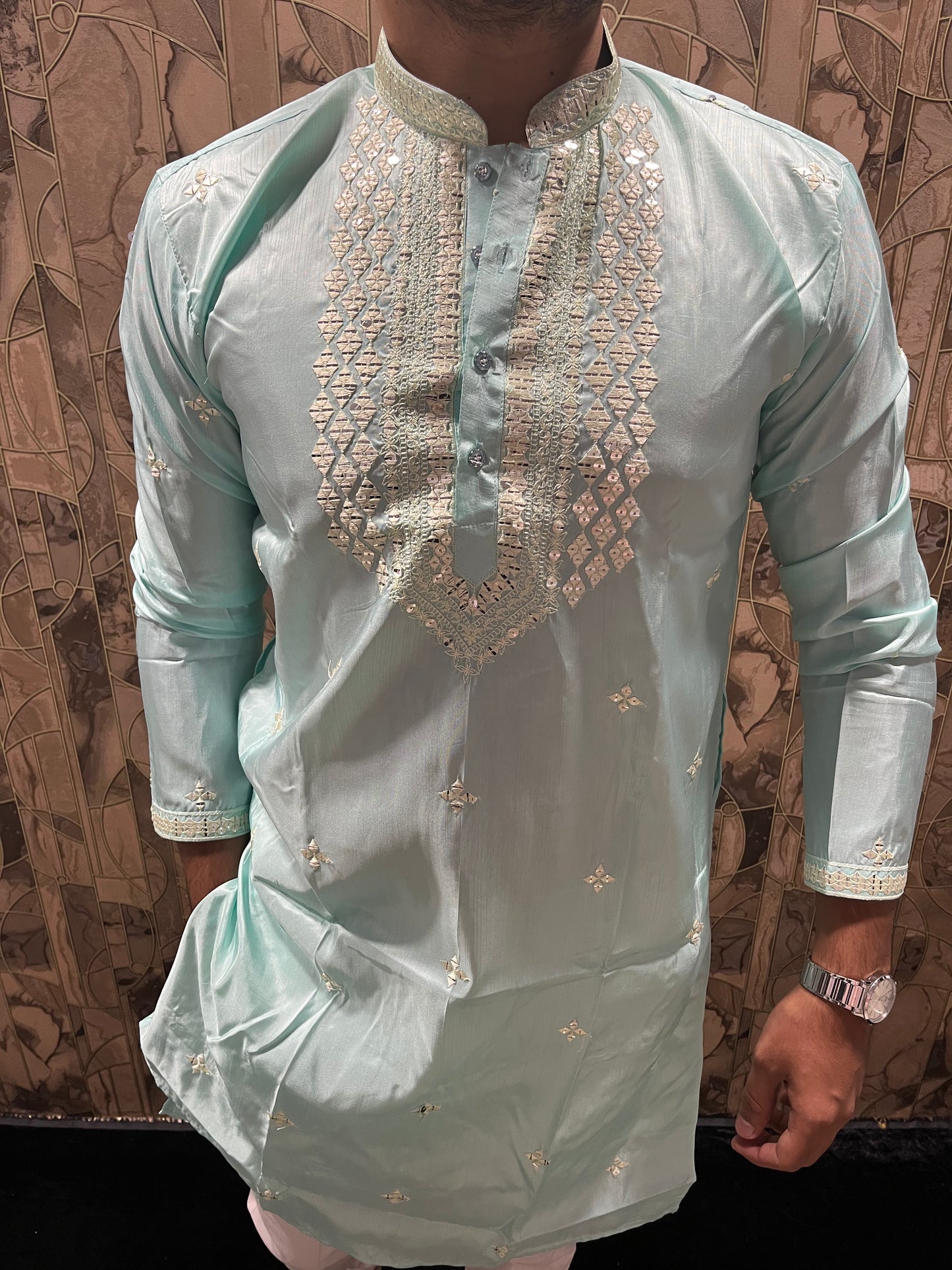 Men’s Cotton Light Blue Kurta – Minimal Neck Embroidery with Sequence Work A25