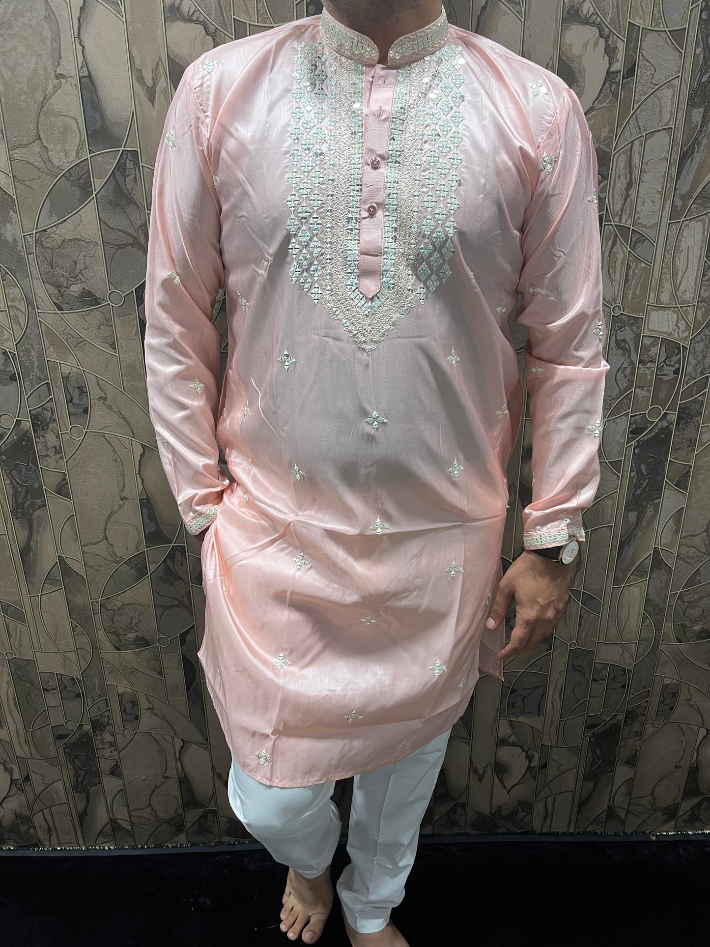 Men’s Cotton Light Pink Kurta – Minimal Neck Embroidery with Sequence Work A25