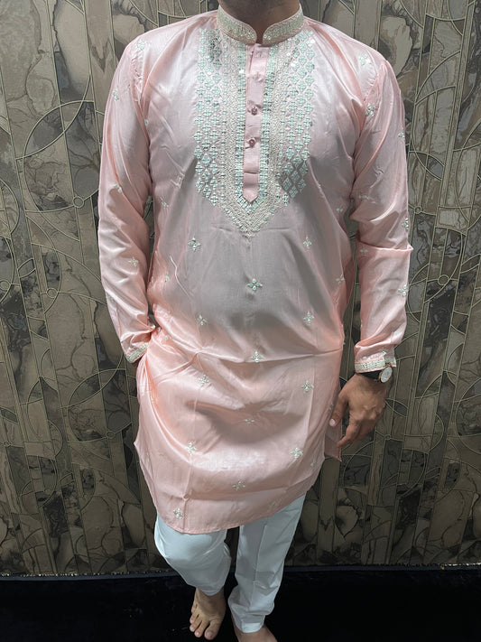Men’s Cotton Light Pink Kurta – Minimal Neck Embroidery with Sequence Work A25