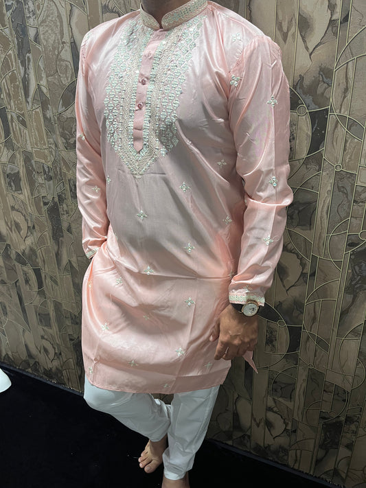 Men’s Cotton Light Pink Kurta – Minimal Neck Embroidery with Sequence Work A25
