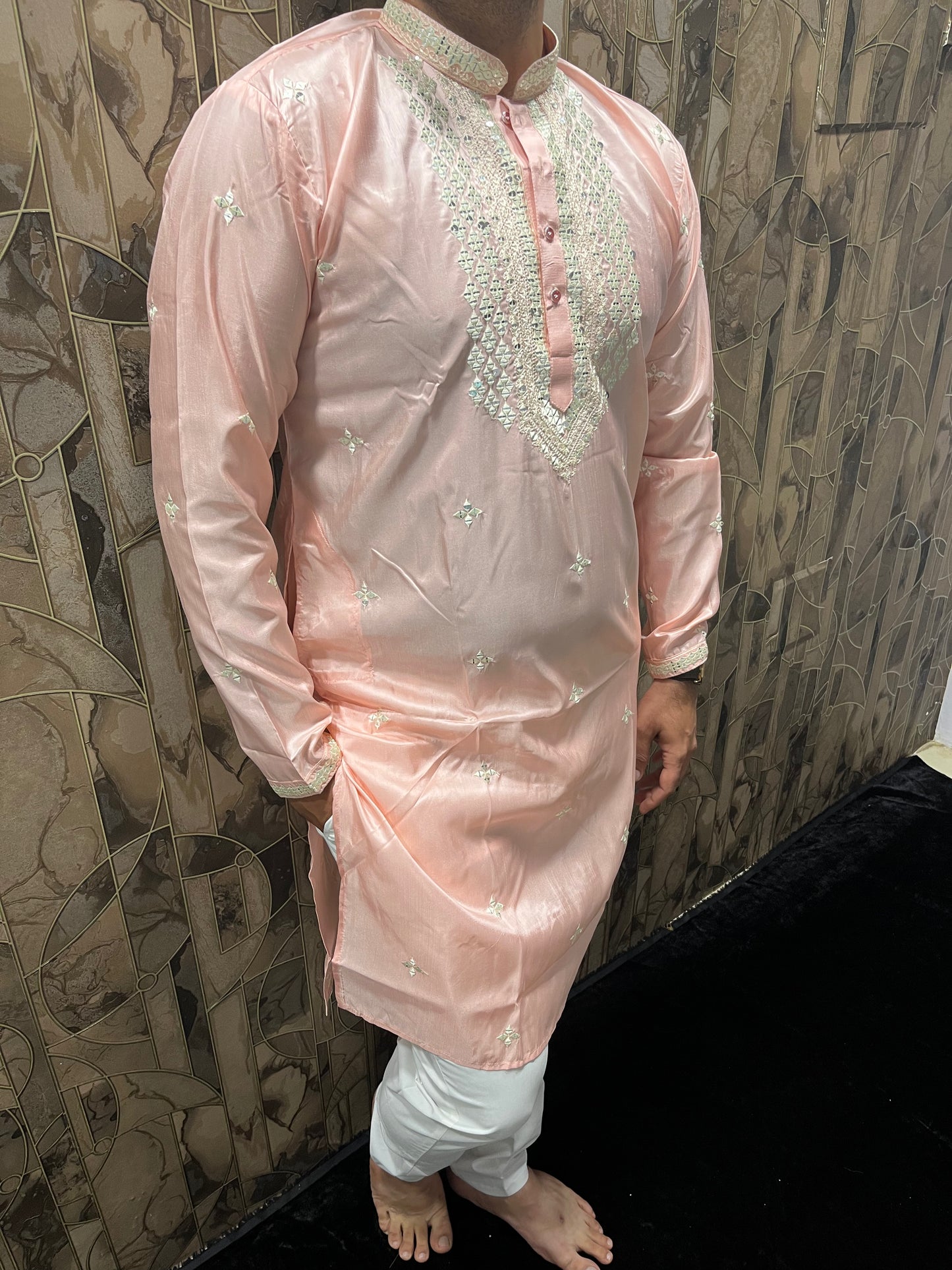 Men’s Cotton Light Pink Kurta – Minimal Neck Embroidery with Sequence Work A25