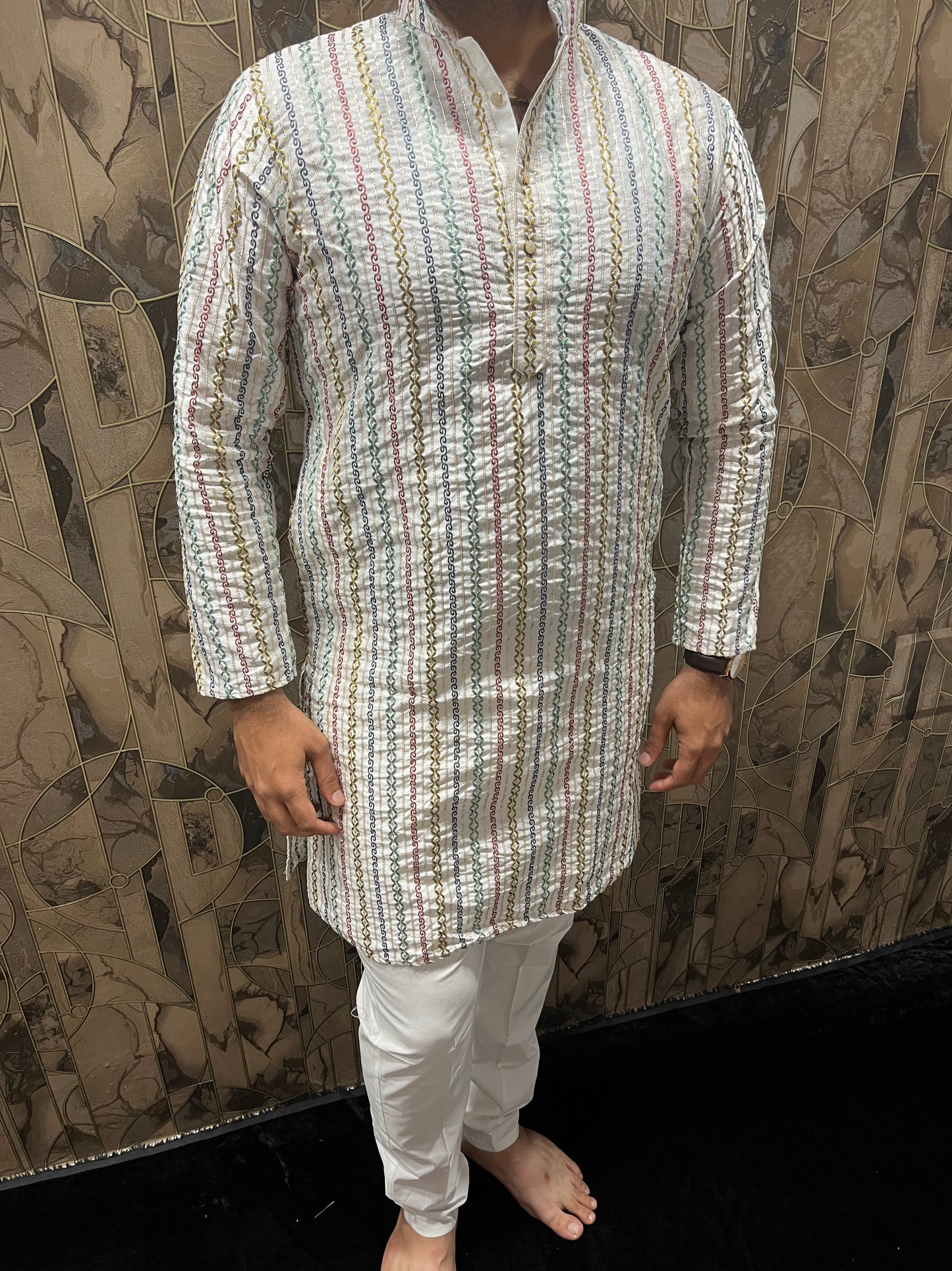 Men’s Embroidered Kurta – Multi-Color Design with Sequence Work A24
