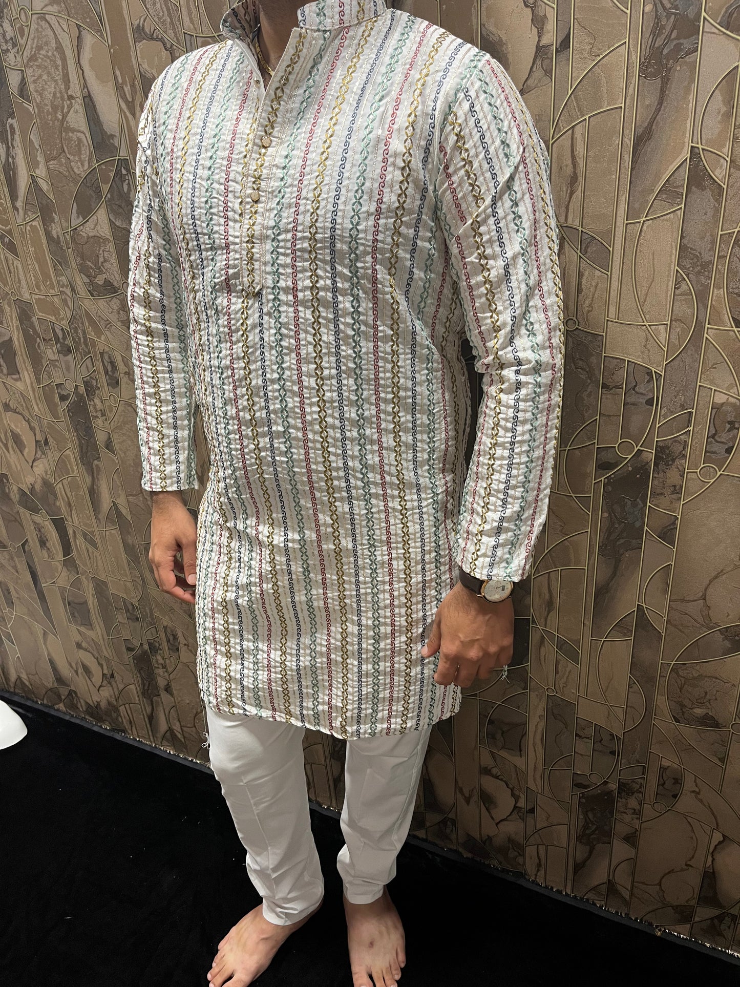 Men’s Embroidered Kurta – Multi-Color Design with Sequence Work A24