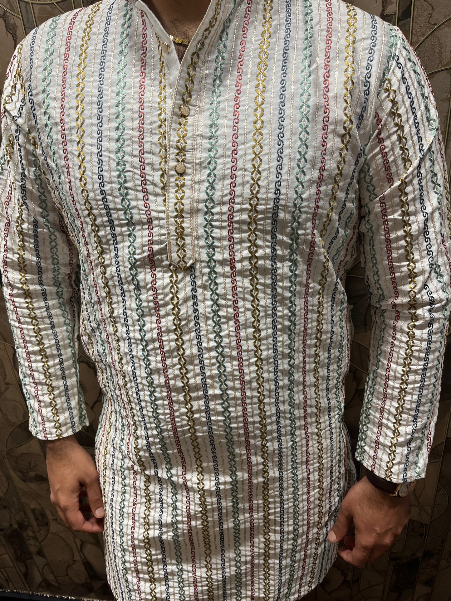 Men’s Embroidered Kurta – Multi-Color Design with Sequence Work A24