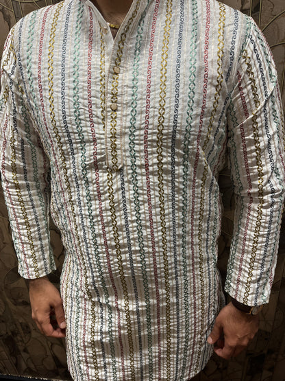 Men’s Embroidered Kurta – Multi-Color Design with Sequence Work A24