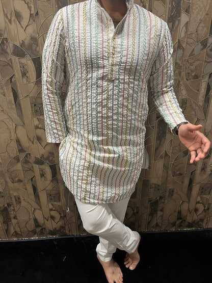 Men’s Embroidered Kurta – Multi-Color Design with Sequence Work A24
