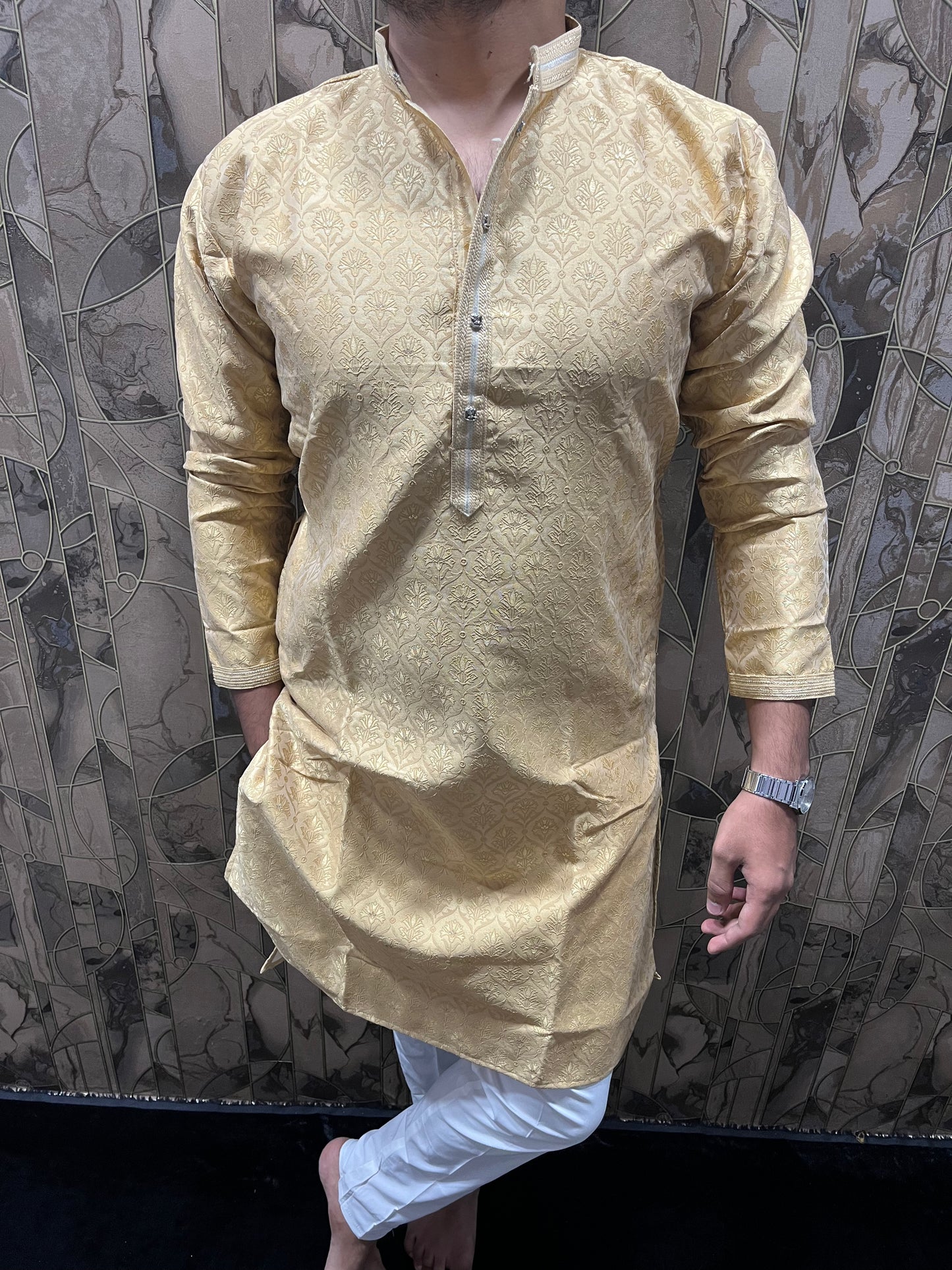 Men’s Festive Golden Kurta – Full Front & Back Embroidery with Pintex Work A26
