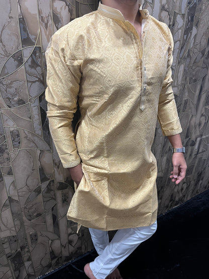 Men’s Festive Golden Kurta – Full Front & Back Embroidery with Pintex Work A26