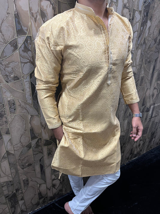 Men’s Festive Golden Kurta – Full Front & Back Embroidery with Pintex Work A26