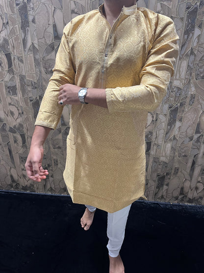Men’s Festive Golden Kurta – Full Front & Back Embroidery with Pintex Work A26