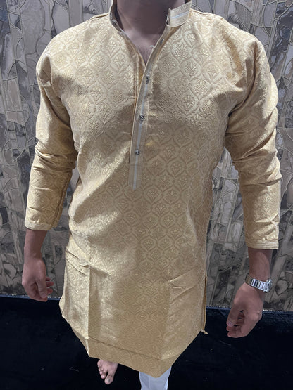 Men’s Festive Golden Kurta – Full Front & Back Embroidery with Pintex Work A26