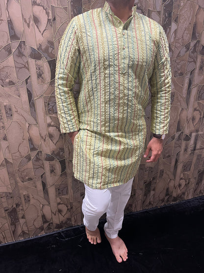 Men’s Embroidered Kurta – Multi-Color Design with Sequence Work A24