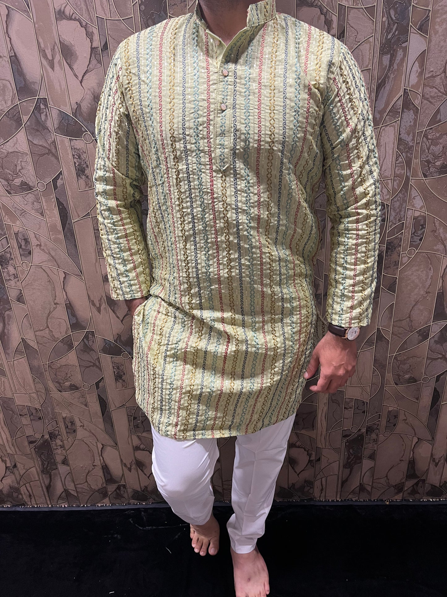 Men’s Embroidered Kurta – Multi-Color Design with Sequence Work A24