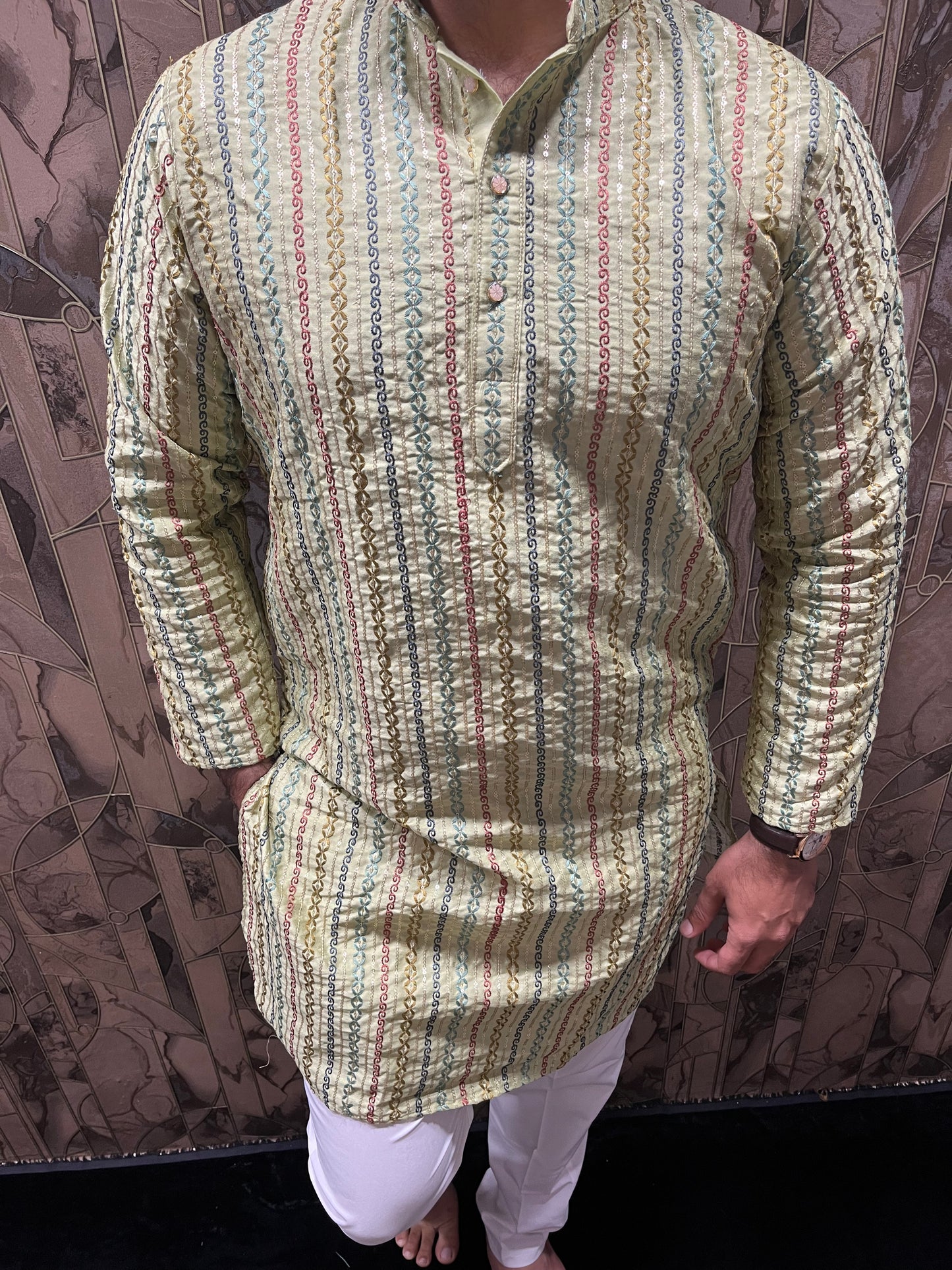 Men’s Embroidered Kurta – Multi-Color Design with Sequence Work A24