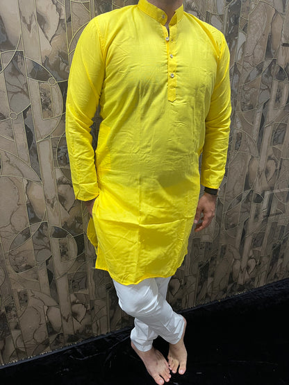 Men’s Pure Yellow Cotton Kurta – Minimal & Classy Everyday Wear A27