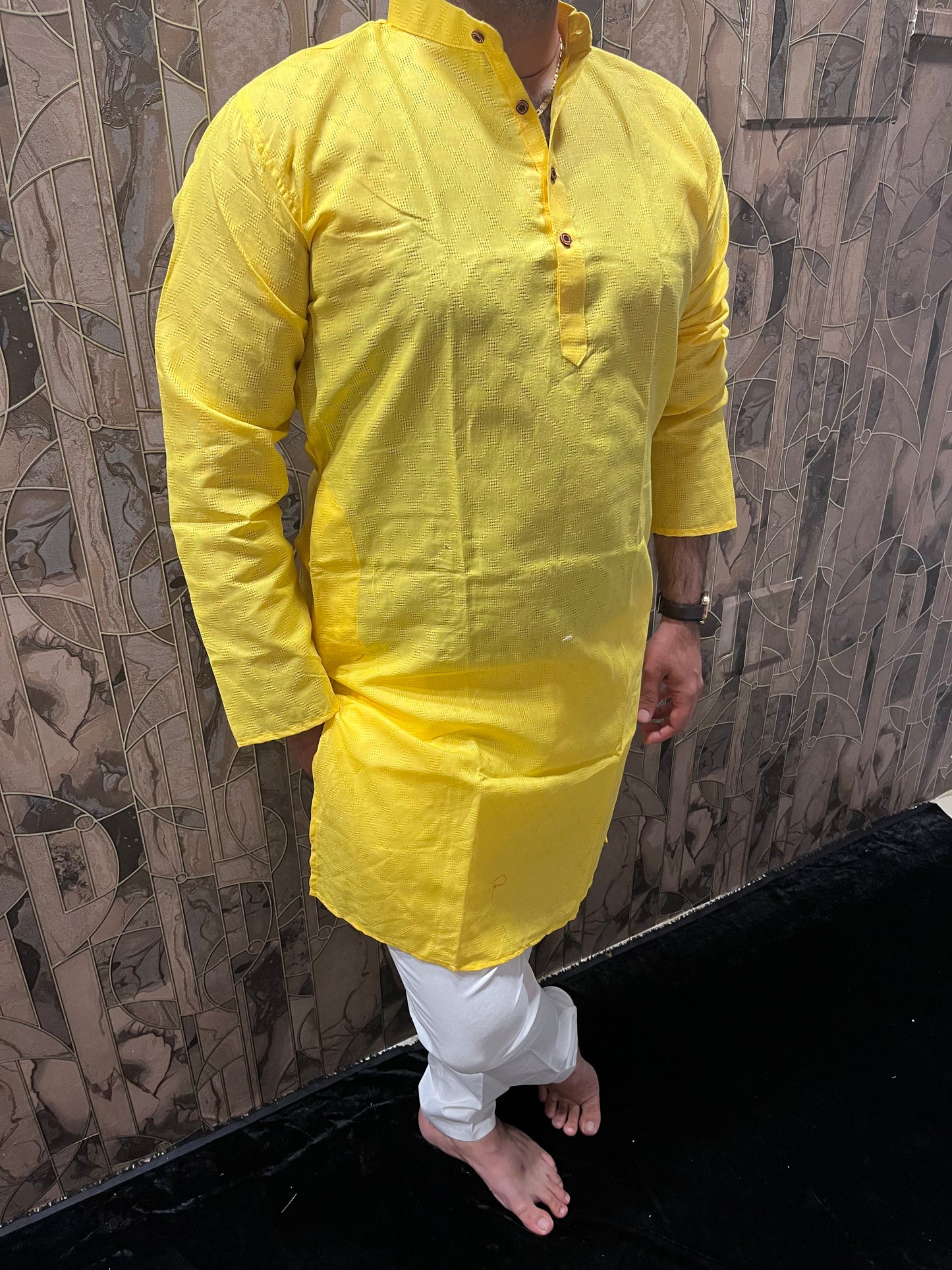 Men’s Pure Cotton Yellow Kurta – Classic Checks Pattern A22