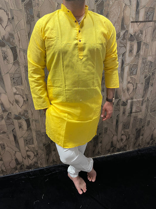 Men’s Pure Cotton Yellow Kurta – Classic Checks Pattern A22