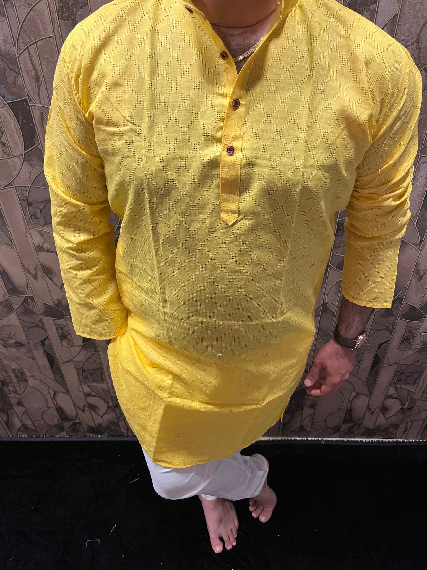 Men’s Pure Cotton Yellow Kurta – Classic Checks Pattern A22