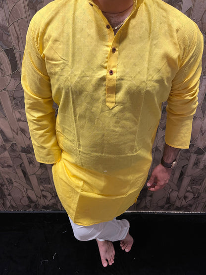 Men’s Pure Cotton Yellow Kurta – Classic Checks Pattern A22