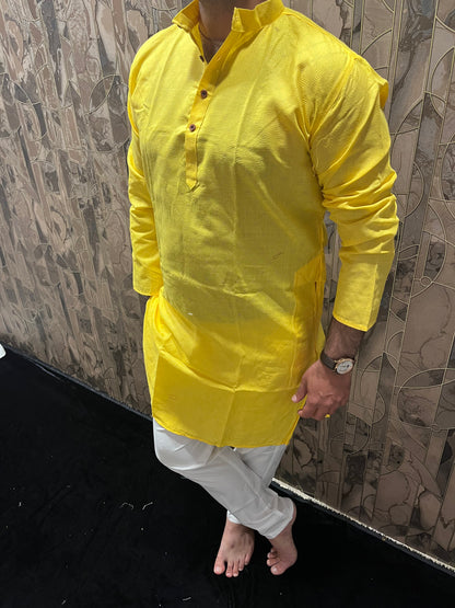 Men’s Pure Cotton Yellow Kurta – Classic Checks Pattern A22