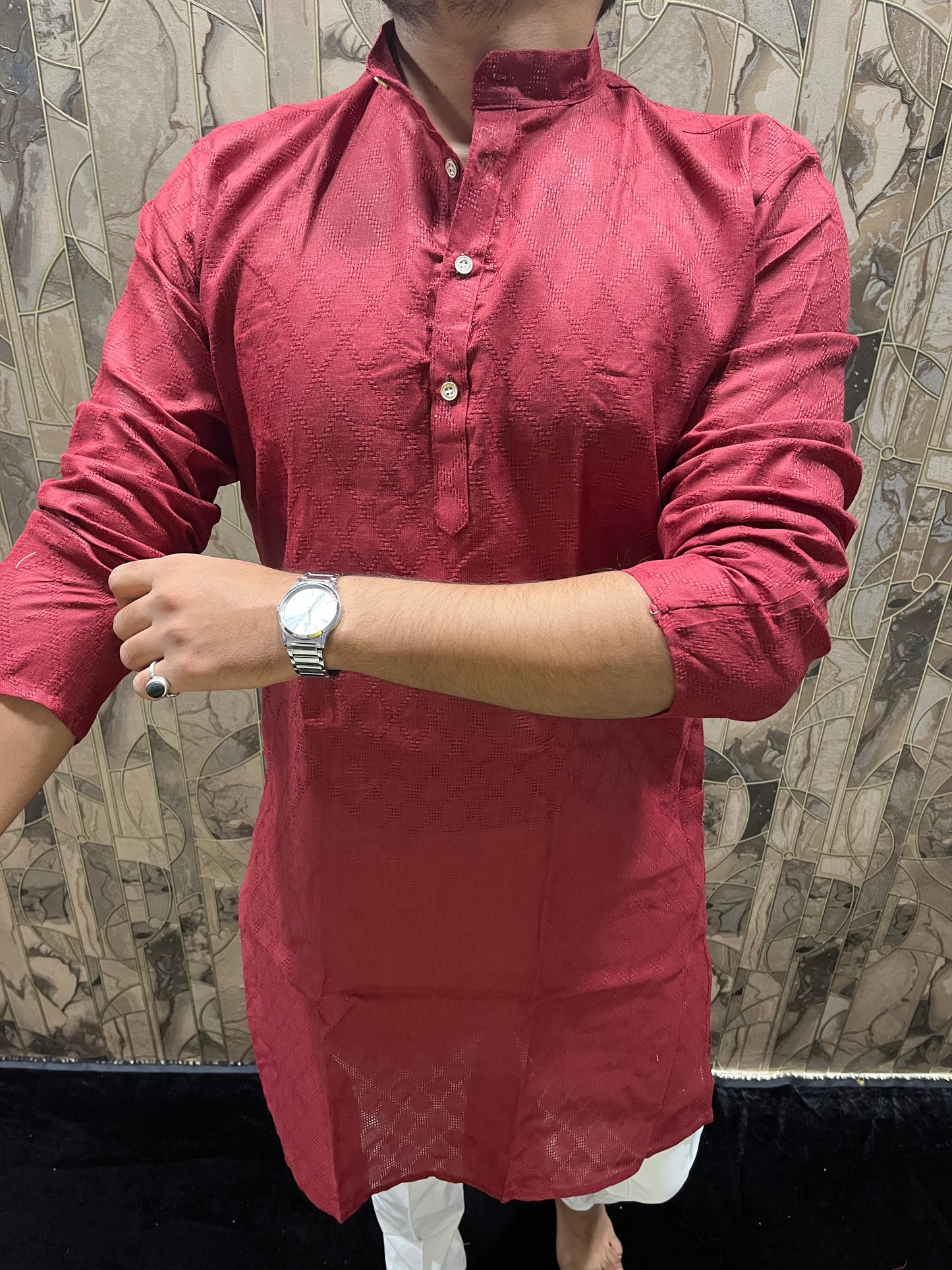 Men’s Pure Cotton Red Kurta – Classic Checks Pattern A22