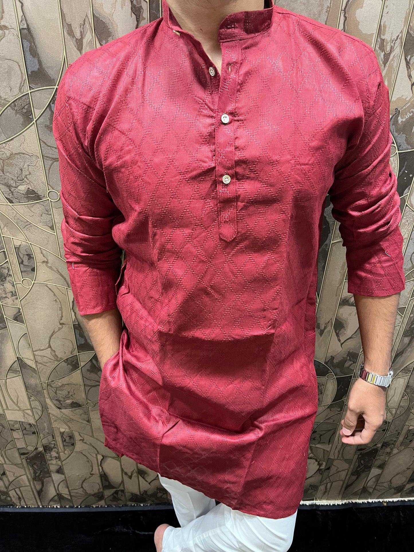 Men’s Pure Cotton Red Kurta – Classic Checks Pattern A22