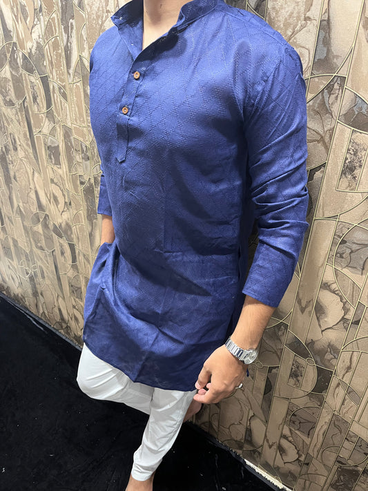 Men’s Pure Cotton Blue Kurta – Classic Checks Pattern A22