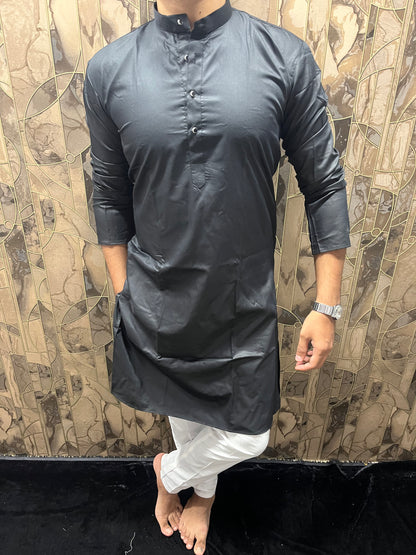 Men’s Giza Cotton Black Kurta – Smooth, Minimal & Classy Everyday Wear A28