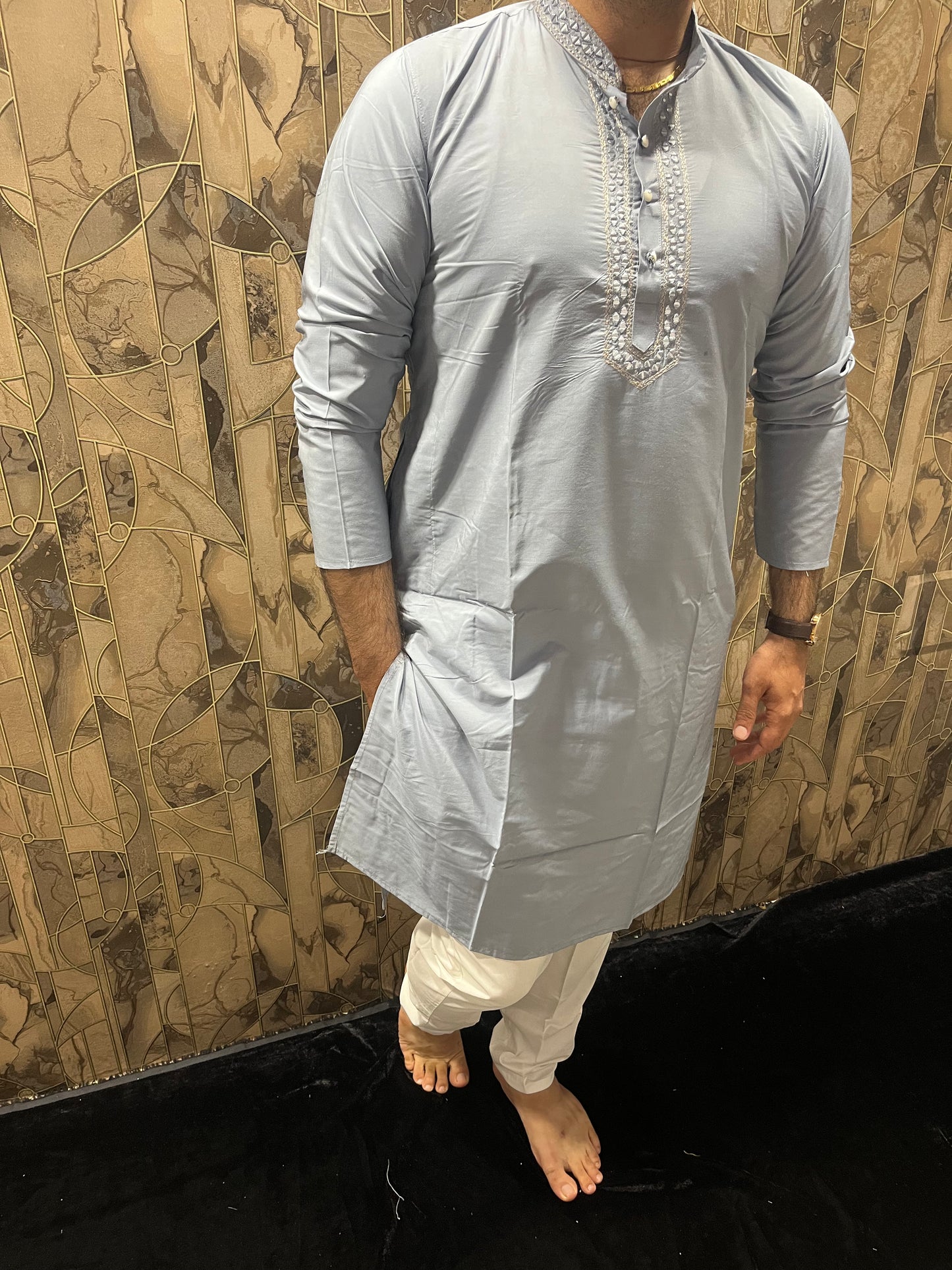 Men’s Cotton Light Blue Kurta – Classic Plain Design with Mirror Work - A14