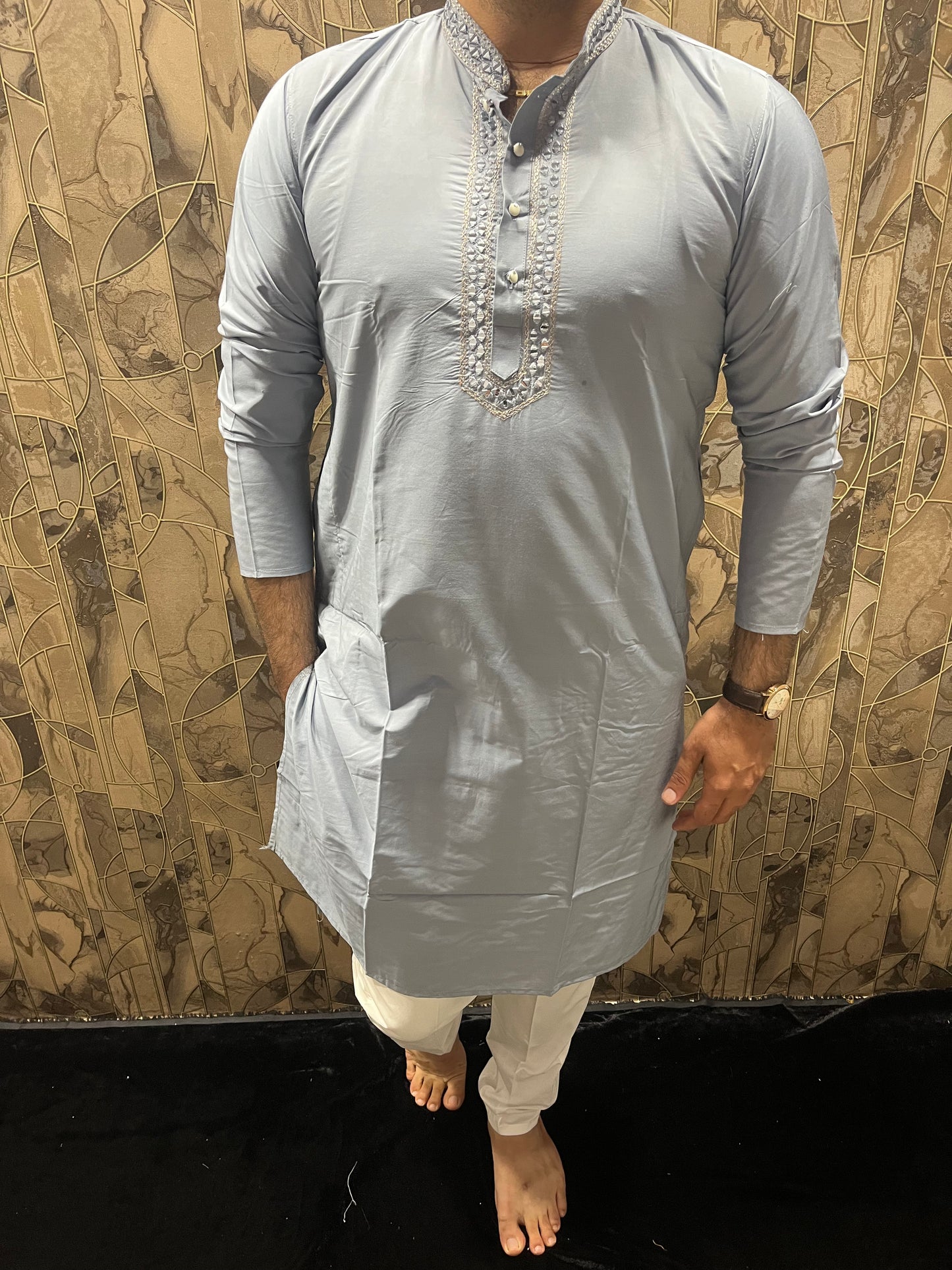 Men’s Cotton Light Blue Kurta – Classic Plain Design with Mirror Work - A14