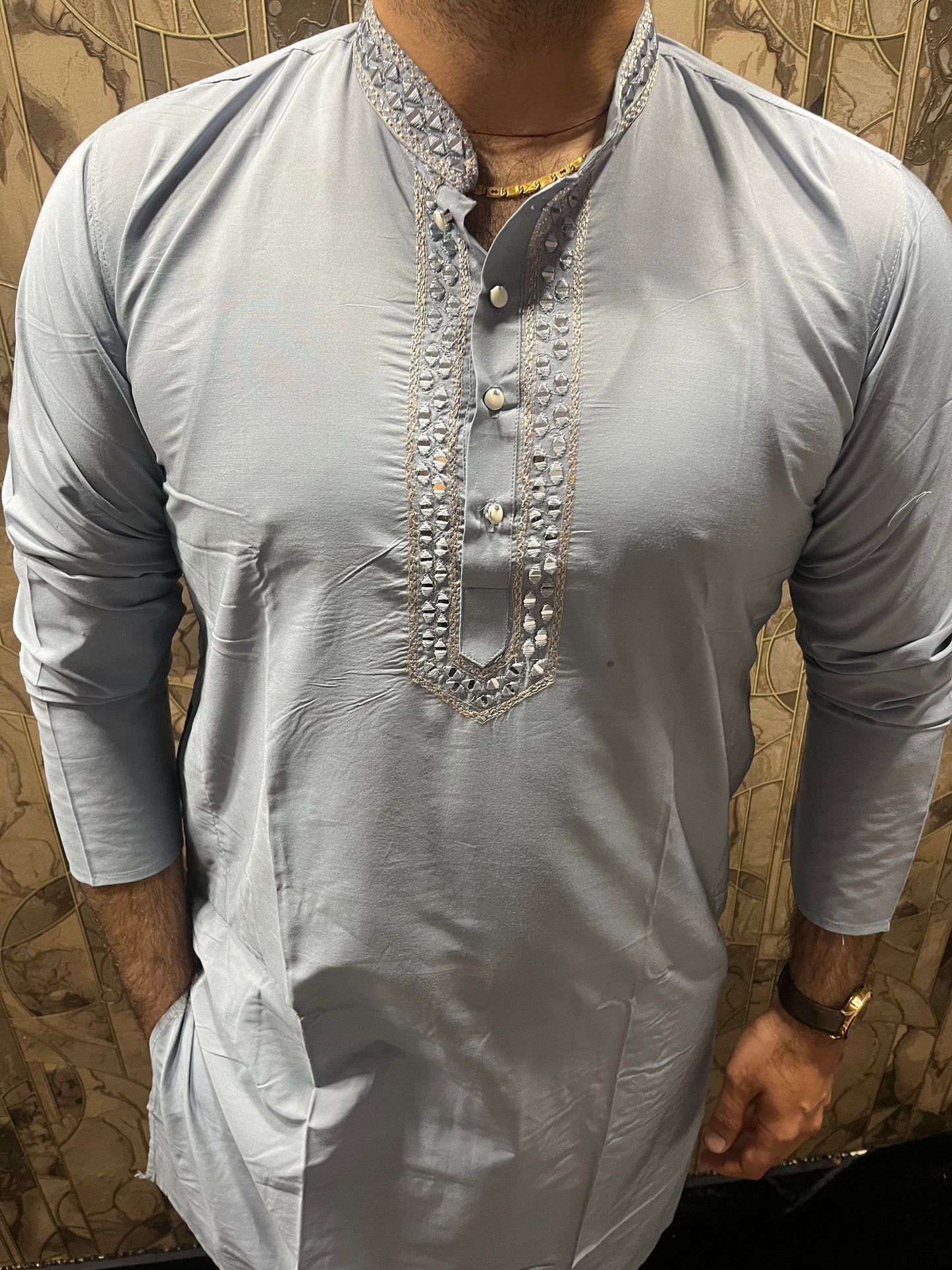 Men’s Cotton Light Blue Kurta – Classic Plain Design with Mirror Work - A14