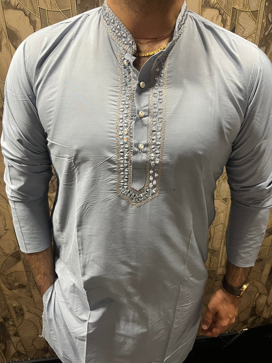 Men’s Cotton Light Blue Kurta – Classic Plain Design with Mirror Work - A14