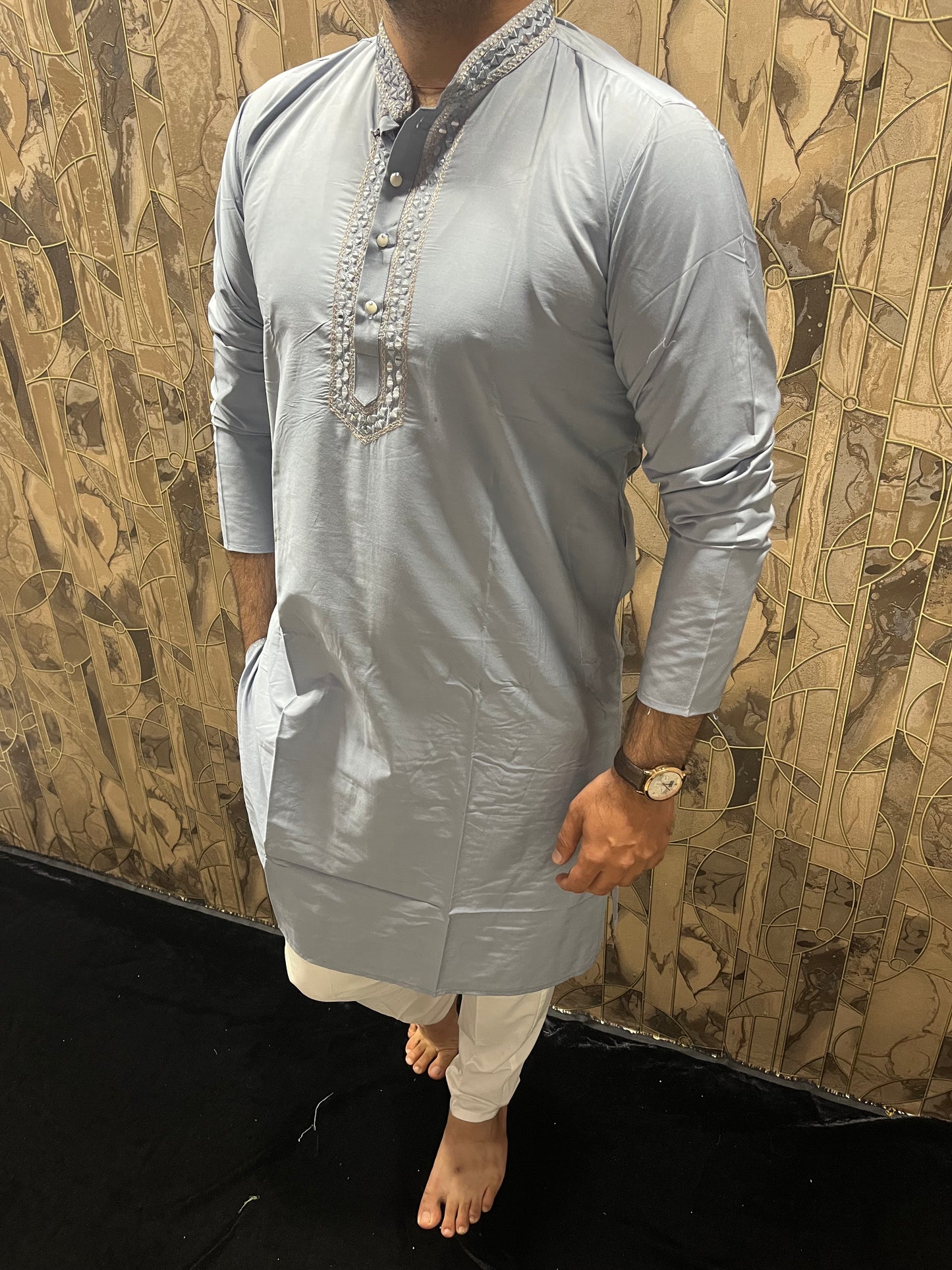 Men’s Cotton Light Blue Kurta – Classic Plain Design with Mirror Work - A14