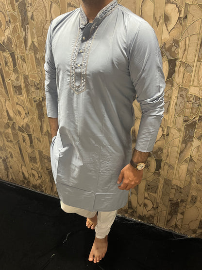 Men’s Cotton Light Blue Kurta – Classic Plain Design with Mirror Work - A14