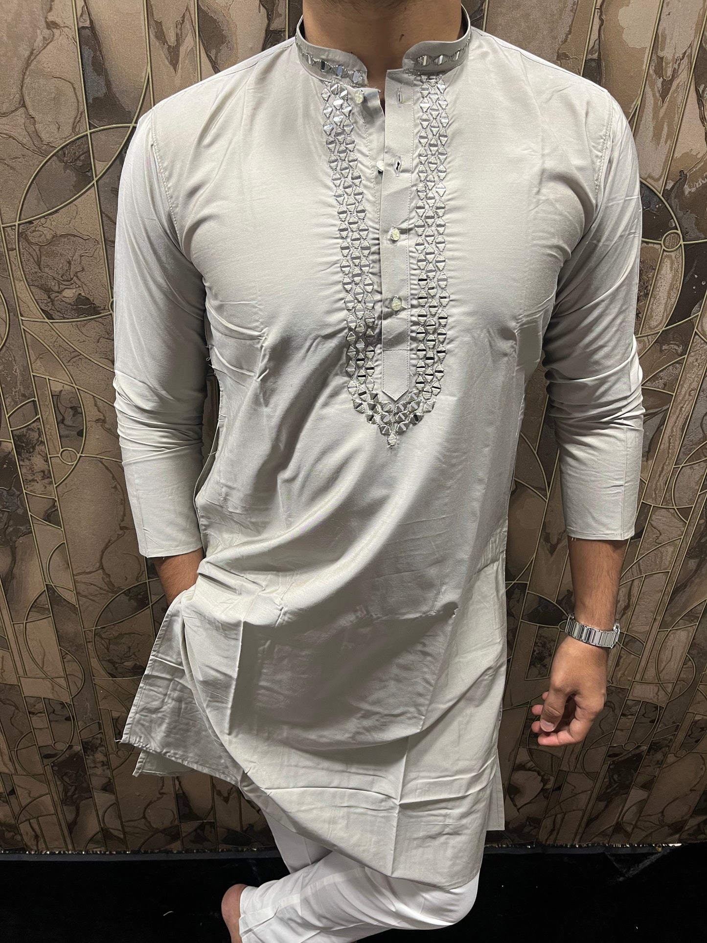 Men’s Cotton Grey Kurta – Classic Plain Design with Mirror Work - A14