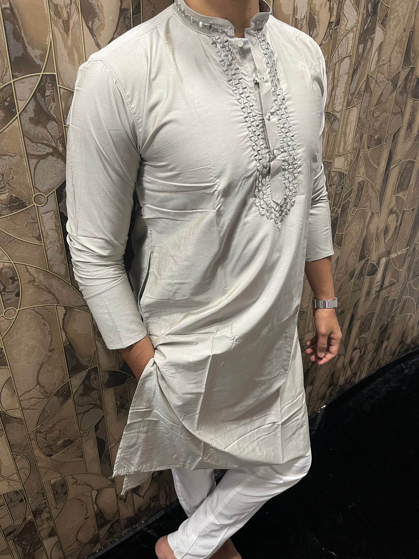 Men’s Cotton Grey Kurta – Classic Plain Design with Mirror Work - A14
