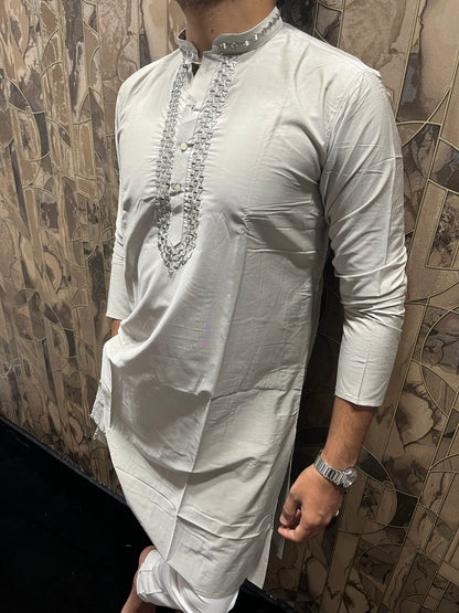Men’s Cotton Grey Kurta – Classic Plain Design with Mirror Work - A14