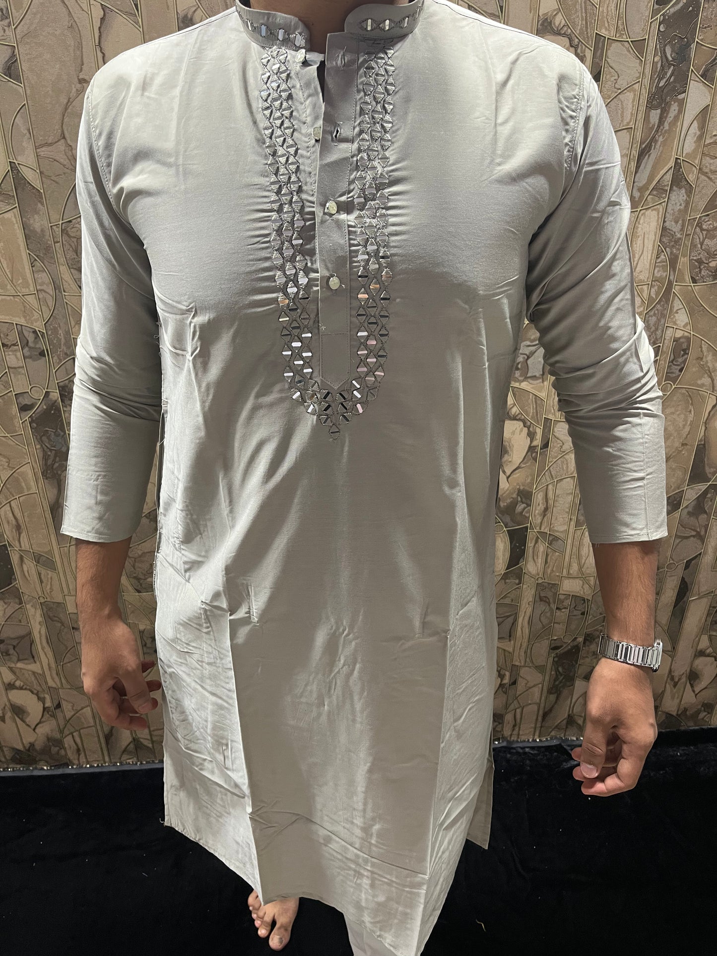 Men’s Cotton Grey Kurta – Classic Plain Design with Mirror Work - A14