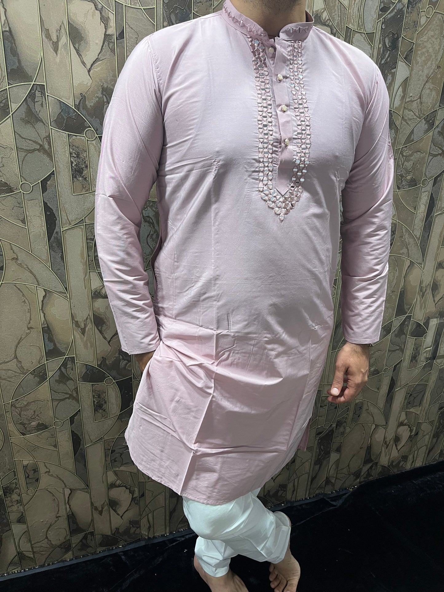 Men’s Cotton Light Pink Kurta – Classic Plain Design with Mirror Work - A14