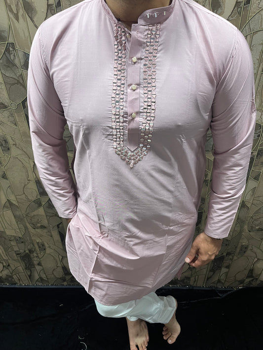 Men’s Cotton Light Pink Kurta – Classic Plain Design with Mirror Work - A14