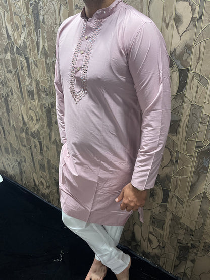 Men’s Cotton Light Pink Kurta – Classic Plain Design with Mirror Work - A14