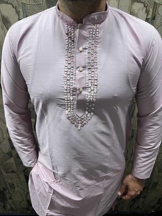 Men’s Cotton Light Pink Kurta – Classic Plain Design with Mirror Work - A14