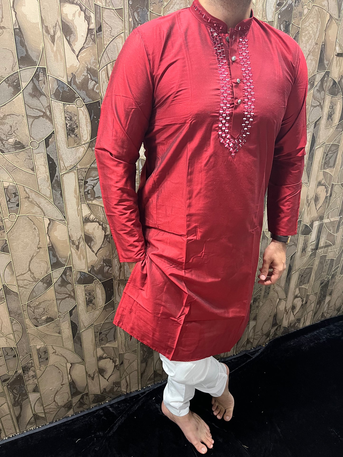 Men’s Cotton Red Kurta – Classic Plain Design with Mirror Work - A14